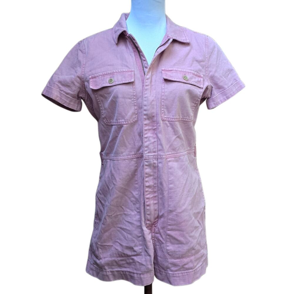 Madewell Pink Short Sleeve Utility Coverall Romper Size S Dusty Pink Denim Zip